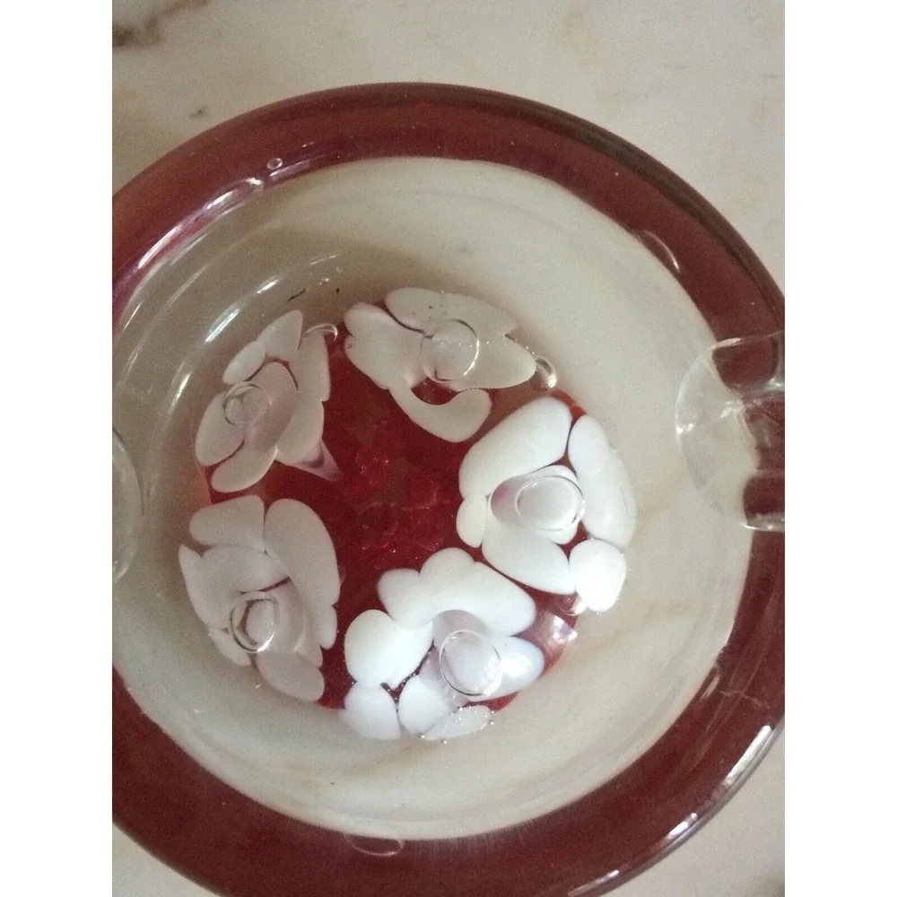 Vintage Murano Style Glass Ashtray With Red & White Floral Design 2-Handle Bowl